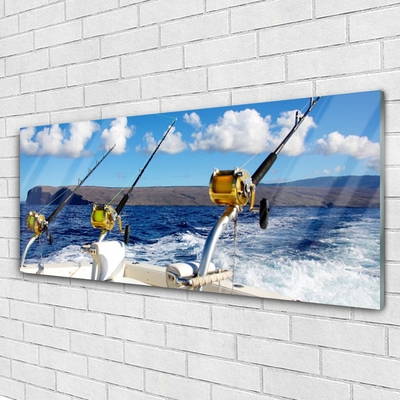 Glass Wall Art Fishing sea landscape green black white blue