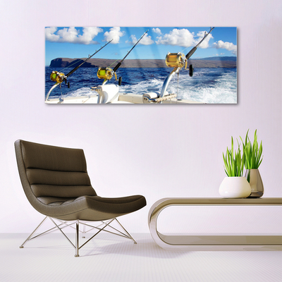 Glass Wall Art Fishing sea landscape green black white blue