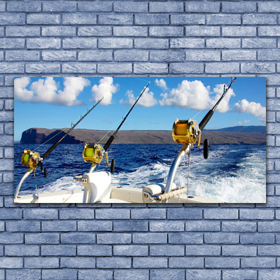 Glass Wall Art Fishing sea landscape green black white blue