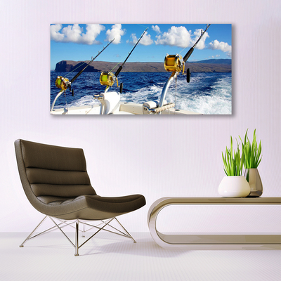 Glass Wall Art Fishing sea landscape green black white blue