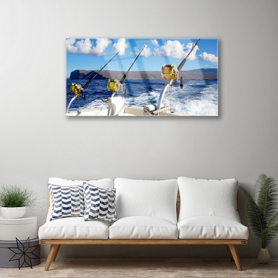 Glass Wall Art Fishing sea landscape green black white blue