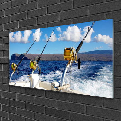 Glass Wall Art Fishing sea landscape green black white blue