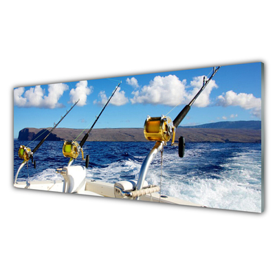 Glass Wall Art Fishing sea landscape green black white blue