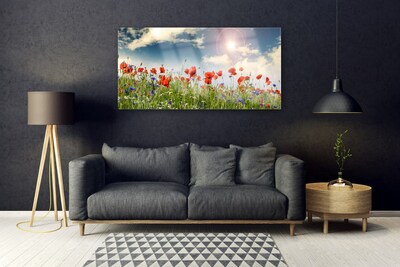 Glass Wall Art Meadow flowers nature green red purple white