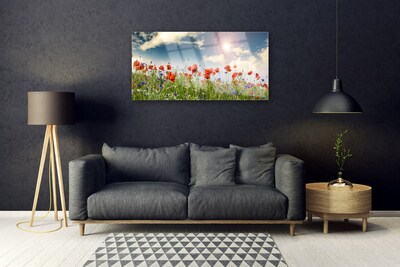 Glass Wall Art Meadow flowers nature green red purple white