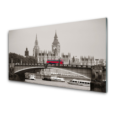 Glass Wall Art Brücker bus city architecture grey red