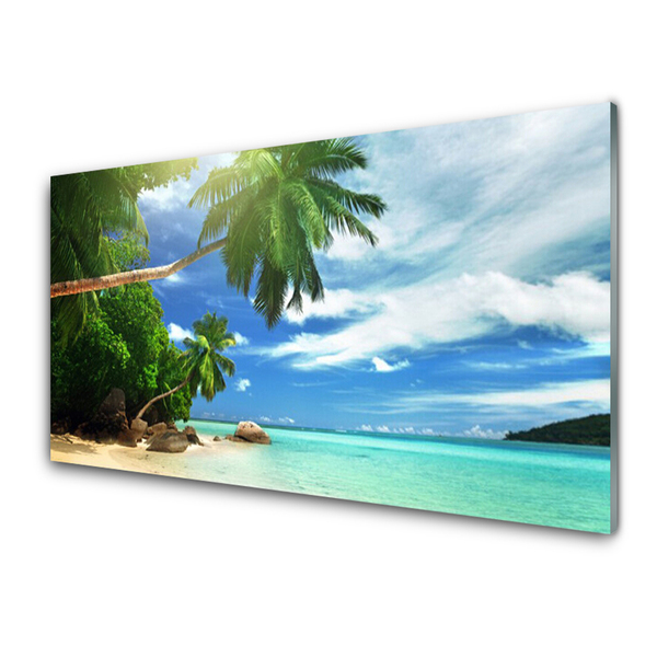 Glass Wall Art Palm tree beach sea landscape brown green blue