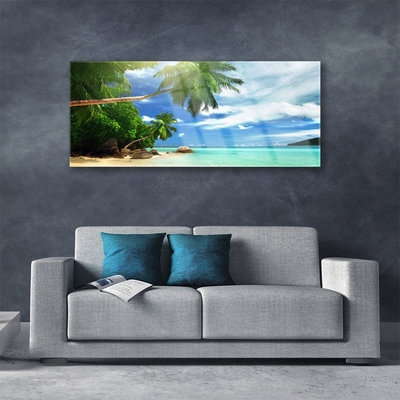 Glass Wall Art Palm tree beach sea landscape brown green blue