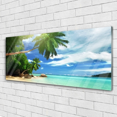 Glass Wall Art Palm tree beach sea landscape brown green blue