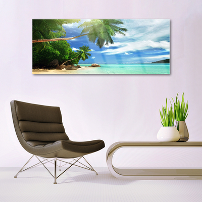 Glass Wall Art Palm tree beach sea landscape brown green blue