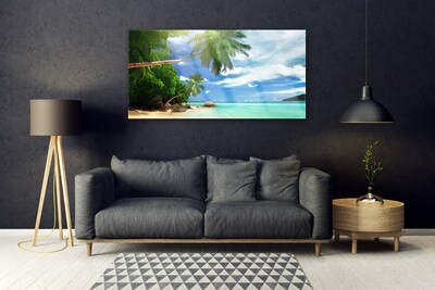 Glass Wall Art Palm tree beach sea landscape brown green blue