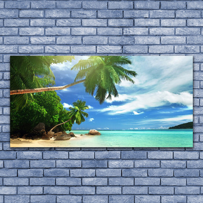 Glass Wall Art Palm tree beach sea landscape brown green blue