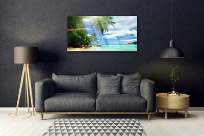 Glass Wall Art Palm tree beach sea landscape brown green blue