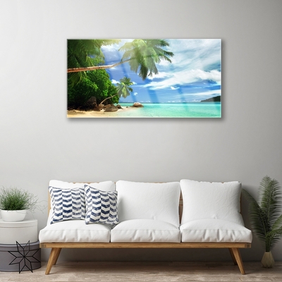 Glass Wall Art Palm tree beach sea landscape brown green blue