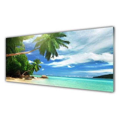 Glass Wall Art Palm tree beach sea landscape brown green blue