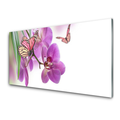 Glass Wall Art Butterflies flowers nature yellow pink grey