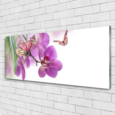 Glass Wall Art Butterflies flowers nature yellow pink grey