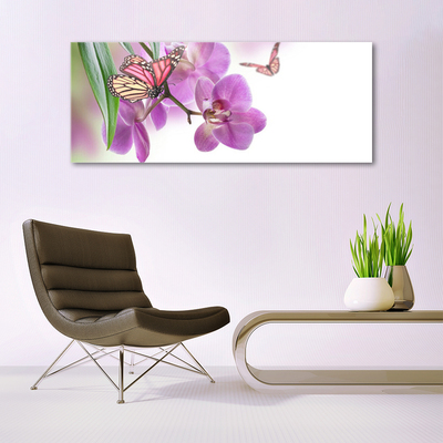 Glass Wall Art Butterflies flowers nature yellow pink grey