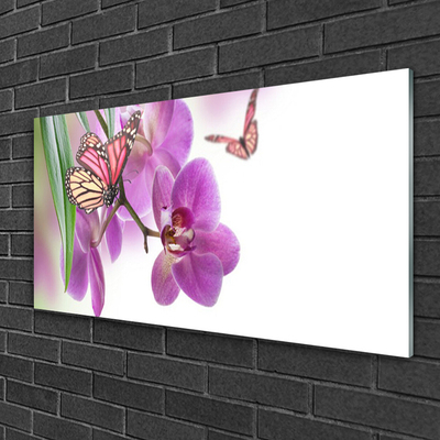 Glass Wall Art Butterflies flowers nature yellow pink grey