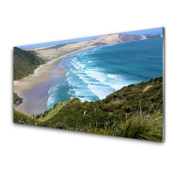 Glass Wall Art Beach sea landscape brown white blue