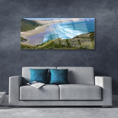 Glass Wall Art Beach sea landscape brown white blue