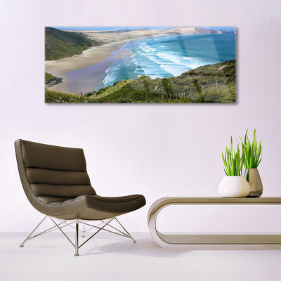 Glass Wall Art Beach sea landscape brown white blue