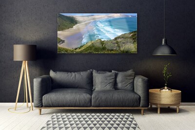 Glass Wall Art Beach sea landscape brown white blue