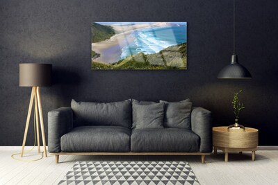 Glass Wall Art Beach sea landscape brown white blue