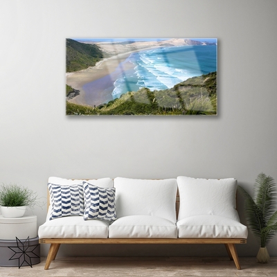 Glass Wall Art Beach sea landscape brown white blue