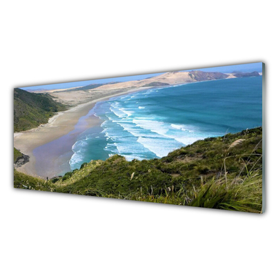 Glass Wall Art Beach sea landscape brown white blue