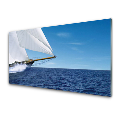 Glass Wall Art Boat sea landscape white blue