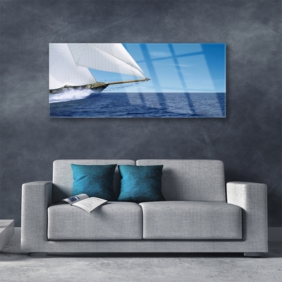 Glass Wall Art Boat sea landscape white blue