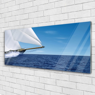 Glass Wall Art Boat sea landscape white blue