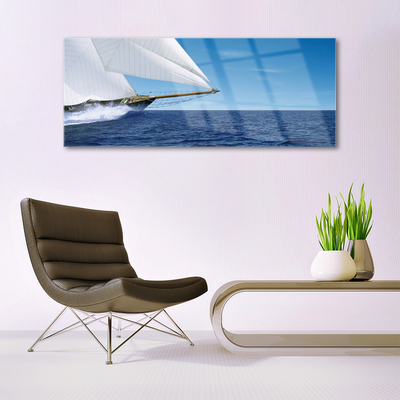 Glass Wall Art Boat sea landscape white blue