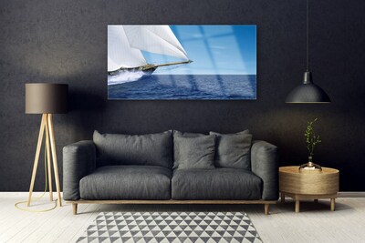 Glass Wall Art Boat sea landscape white blue