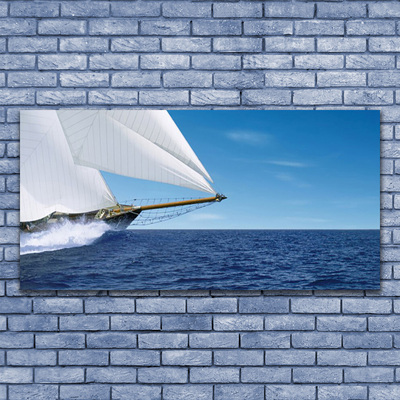 Glass Wall Art Boat sea landscape white blue