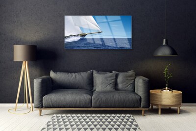 Glass Wall Art Boat sea landscape white blue