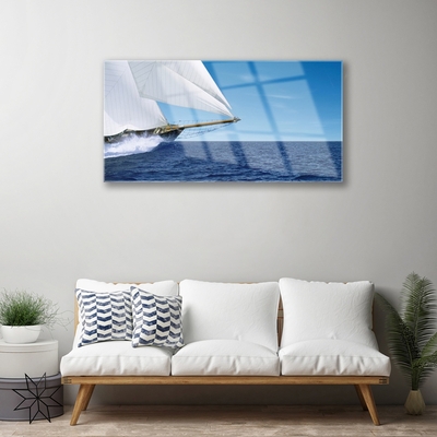 Glass Wall Art Boat sea landscape white blue