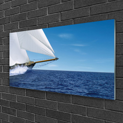 Glass Wall Art Boat sea landscape white blue