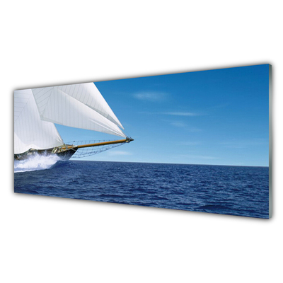 Glass Wall Art Boat sea landscape white blue