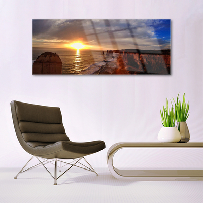 Glass Wall Art Sea sun landscape yellow green