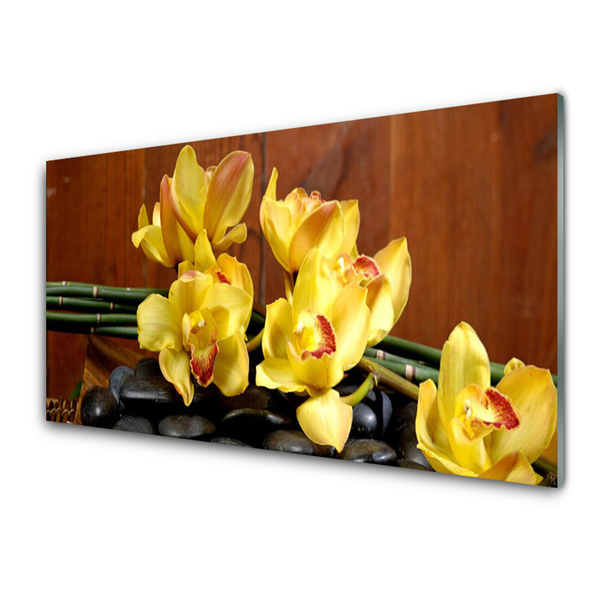 Glass Wall Art Flower stones floral yellow black