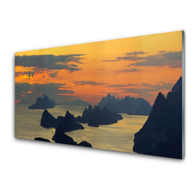 Glass Wall Art Sea rocks landscape green black yellow grey