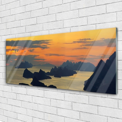 Glass Wall Art Sea rocks landscape green black yellow grey