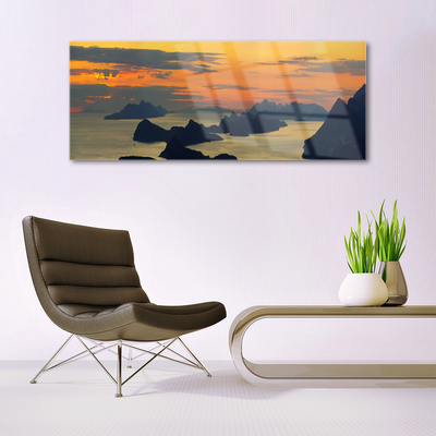 Glass Wall Art Sea rocks landscape green black yellow grey