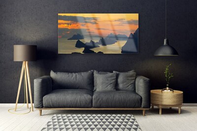 Glass Wall Art Sea rocks landscape green black yellow grey