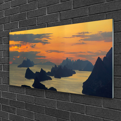 Glass Wall Art Sea rocks landscape green black yellow grey