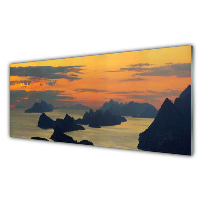 Glass Wall Art Sea rocks landscape green black yellow grey