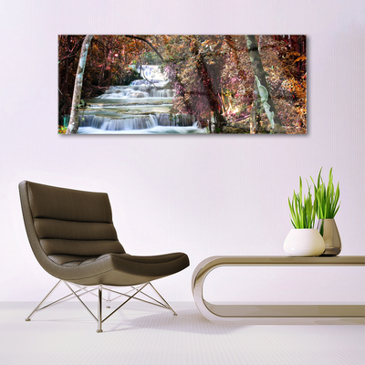 Glass Wall Art Waterfall forest nature white brown