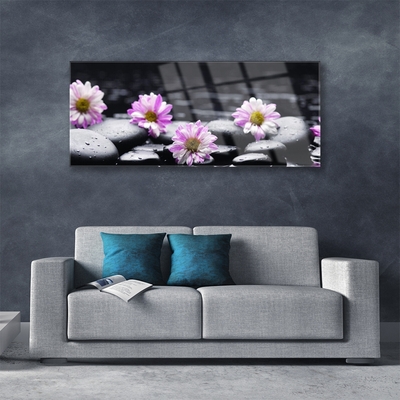 Glass Wall Art Flower stones floral pink white black